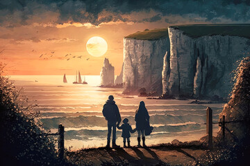 a family contemplating the cliffs of etretat with a beautiful sunset - Generative AI - obrazy, fototapety, plakaty