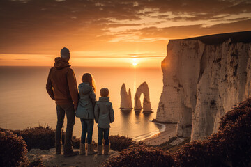 a family contemplating the cliffs of etretat with a beautiful sunset - Generative AI