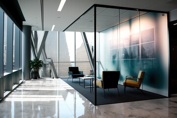 A modern office interior featuring an expansive window, ergonomic seating, and professional architecture design. Ai generated