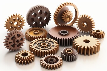 Variety of gear cogwheels, designed in 3d, isolated on white background. 