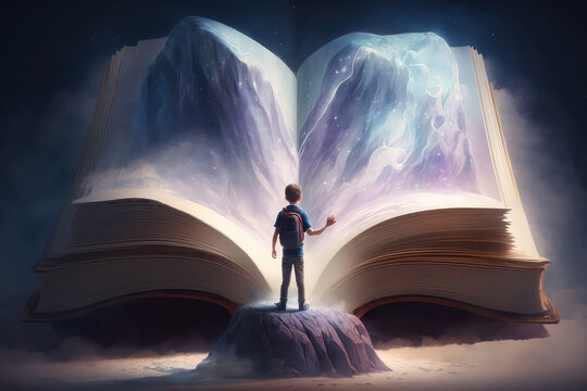 illustration painting of boy standing on a rock and opened giant book with fantasy light, digital art style. (ai generated).