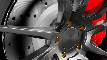 3D close-up render of a car wheel with visible alloy wheel, brake disc, and caliper. Perfect for automotive advertisements, design materials, or blogs
