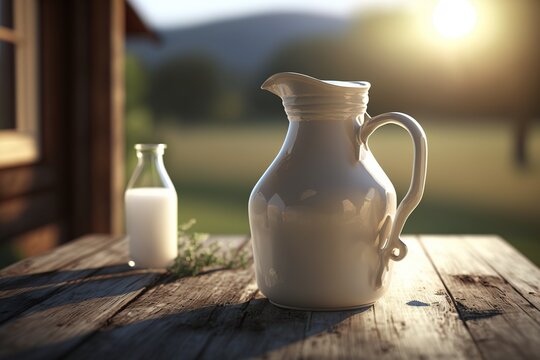 A wooden table displaying a white pitcher-jug filled with refreshing milk, perfect for nourishing food and drink. Ai generated