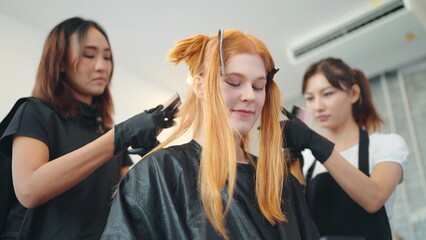 Fototapeta premium Two asian woman hairdressers with black apron are coloring customer hair with brushes in a hair salon