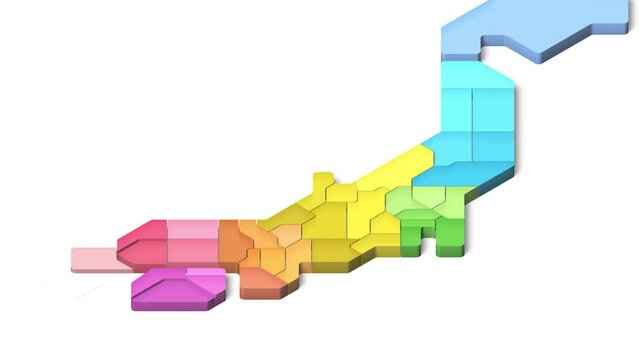 簡略化された3D日本地図のアニメーション　地方別　県別（アイソメトリック）