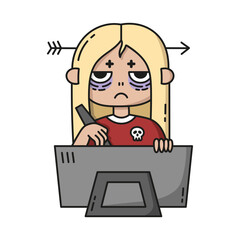 Exausted digital artist sitting behind the drawing screen. Tires overworked women worker. Art burnout. Depression and stress at work. Unhealthy young blond girl. Cartoon vector illustration. Isolated 