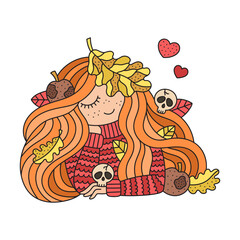 Ginger girl wearing red cozy sweater. Decorated with skulls and leaves. Warm autumn drawing. Cute cartoon vector illustration.