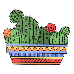 Round cactuses with flowers in the one big pot. Green dexert plants for housegarden. Cute cartoon vector illustration. Isolated on white