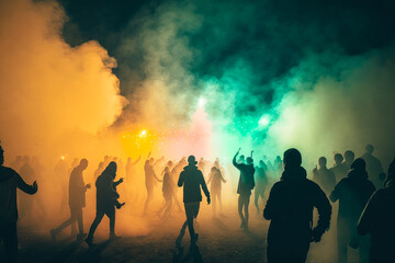 Fototapeta na wymiar A group of people dancing in a field during a music festival, with colorful lights and smoke machines in the background - Generative AI
