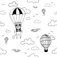 Hand drawn seamless vector pattern with skydiver cat, air baloon, planes and clouds. Design concept for kids textile print, wallpaper, wrapping paper. Cute funny background.