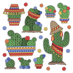 Set of the different cactuses. Decorated with flowers and ethnic elements. Big tall cacti and round cacti. Green potted plant for home garden. Woman hobby. Cartoon vector illustration