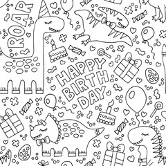 Black and white illustration for coloring book. Happy birthday party with dinosaurs. Outline vector seamless pattern.
