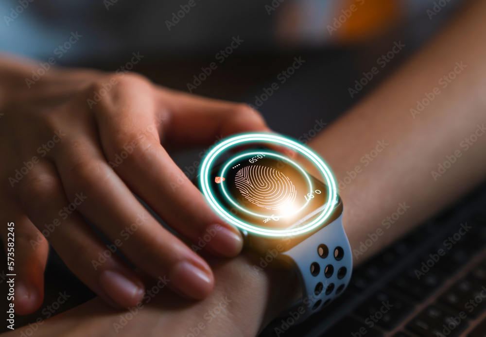 Poster hand scanning fingerprint on smart watch to unlock, concept digital security and private data access