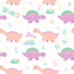 Cute seamless vector pattern with hand-drawn dino. Colorful background for textile, fabric