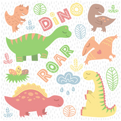 Collection of cute different dinosaurus. Colorful childish stickers. Decorative elements for kid's room. Vector illustration