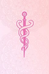 The Rod of Asclepius on the pink background and with graphic mandala elements