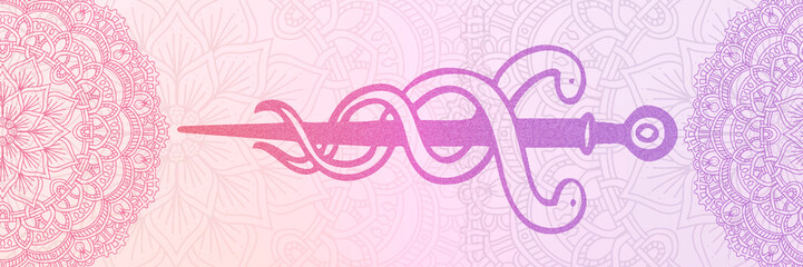 The Rod of Asclepius on the pink background and with graphic mandala elements