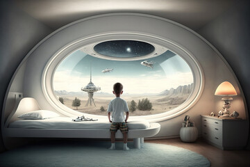A little boy stands near his bed and looks out the wide porthole window at the surface of the Alien Planet and flying shuttles. Children's room in light tones at the space station. Generative Ai.