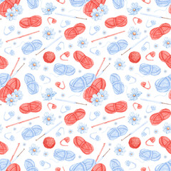 Knitting hobby watercolor seamless pattern. Knitting. Threads, hooks, flowers. Needlework, hobby. Vintage. White background. For printing on paper, fabric. For electronic media.
