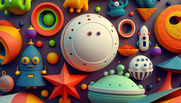 Multicolored toys UFO background. Alien toy rockets and flying saucers, stars and planets in 3D style layout of fantastic elements. Toys for little UFO fans. Generative Ai.