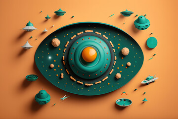 Obraz premium Stylized flying saucer flat lay. UFO on a plate reminiscent of the eye and the sci-fi elements around. Top view. World UFO Day in 3D style concert. Generative Ai.