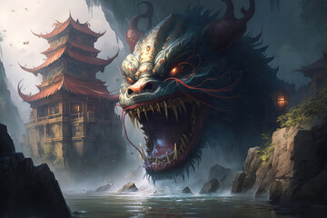 Digital painting fantasy painting of a chinese temple and giant dragon digital illustration, illustration painting (ai generated)