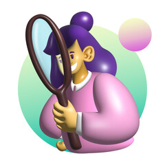 Smiling woman looking through a magnifying glass. Searching concept. 3D illustration