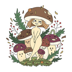 Happy little mushroom girl. Family of porcini mushrooms. Fairytale forest autumn poster. Funny magic character. Cute cartoon vector illustration. Isolated on white