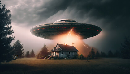 Fototapeta na wymiar Flying saucer flying over farm at night. Alien ship in farm. Alien UFO - Unidentified Flying Object with illuminated lights and light beam. Sci-fi country scene. Generative Ai.
