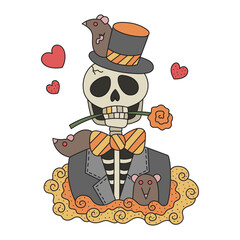 Skeleton gentleman wearing tuxedo an bow. Mexican dead boy with flower and rats. Halloween groom. Colorful cartoon vector illustration