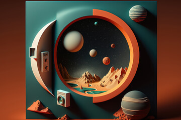 UFO poster in 3D style for World UFO Day. View of the rocky surface of a fantastic planet with its moons in retro colors. Colorful Fantastic stand with planets. Sci-fi scene. Generative Ai.