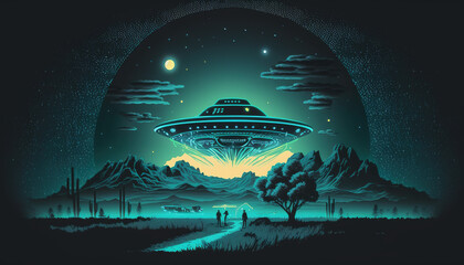 UFO flying saucer soars in the desert at the night. View from the valley to the night starry sky with moons. Illustration poster in the style of 1980s in shades of green. Sci-fi scene. Generative Ai