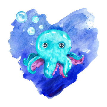 Watercolor image of marine life. Octopus on the background of a blue heart