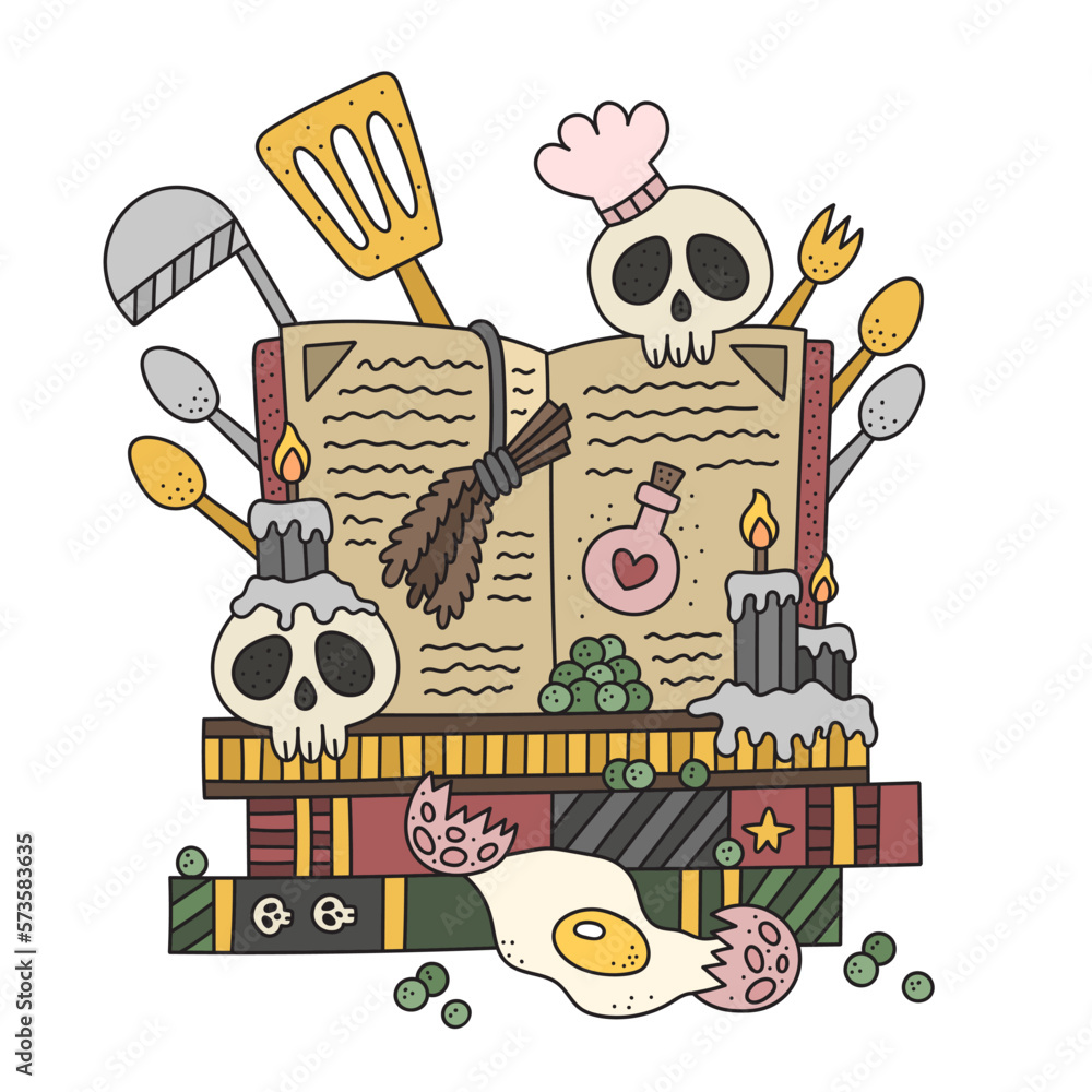 Wall mural witch cooking book. wizard spell book. alchemy schoolbook with recipes for potion. skull cook and in