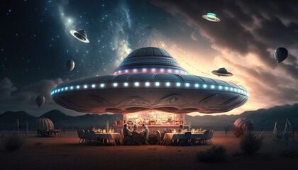 Fototapeta na wymiar Retro UFO diner glows at night in the middle of the desert, catering to seekers alien encounters. View from the UFO cafe to the sky with stars, planets and flying saucers. Sci-Fi scene. Generative Ai.