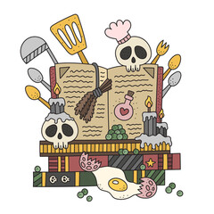 Witch cooking book. Wizard spell book. Alchemy schoolbook with recipes for potion. Skull cook and ingredients. Funny cartoon vector illustration