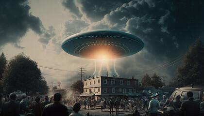 A joyful crowd welcomes alien arrival on UFO. World Ufo Day illustration. A group of people watch as a flying saucer descends from the sky onto the roof of a house. Sci-fi scene. Generative Ai. - obrazy, fototapety, plakaty