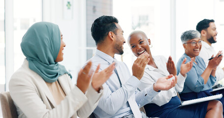 Diversity, business people and applause presentation, employee support and happiness in office....