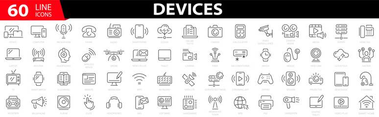 Set of 60 Device and technology web icon. Device icons. Computer monitor, smartphone, satellite, drone, tv, router, headphones, tablet, laptop and more. Vector illustration. - obrazy, fototapety, plakaty