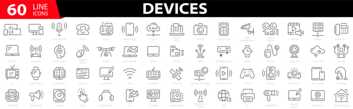 Set of 60 Device and technology web icon. Device icons. Computer monitor, smartphone, satellite, drone, tv, router, headphones, tablet, laptop and more. Vector illustration.