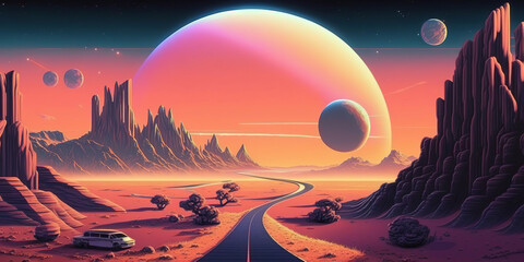 Fantastic landscape of alien planet with rocks and road on sunset. 1980s style sci-fi poster. Illustration of cosmos space and planet surface in orange tones. Generative Ai.