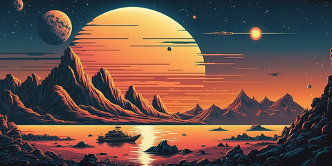 Fantastic landscape of alien planet with rocks and lake on sunset. 1980s style sci-fi poster. Illustration of cosmos space and planet surface in orange tones. Generative Ai.