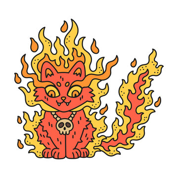 Little fire spirit. Cute small cat in flame. Small devil kitty with skull medallion. Cartoon vector illustration