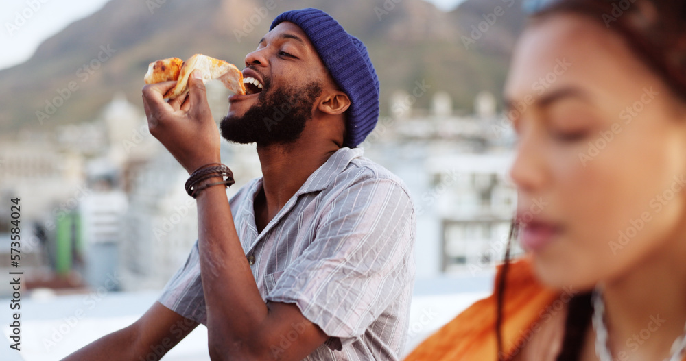 Sticker Couple, eating pizza and bonding on city building rooftop in Miami, Florida while dancing, enjoying and relaxing. Smile, happy black man and woman with fast food in relax tourist location for summer