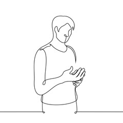 man kneading his palm joints - one line drawing vector. concept stroking your hands, hand pain, hand massage