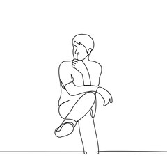 Fototapeta na wymiar man sits on a chair with his foot on leg and his hand props up chin with his hand - one line drawing vector. concept sit thoughtfully