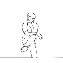 man sits on a chair with his foot on leg and his hand props up chin with his hand - one line drawing vector. concept sit thoughtfully