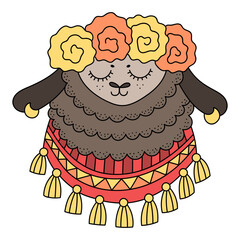 Brown llama wearing flower wreath. Cute alpaca wrapping with  ornate shawl. Funny animal with earrings in ears. Childish cartoon vector illustration. Isolated on white
