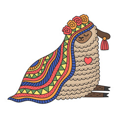 Llama girl wearing textile with traditional ornament and flower wreath. Cute fluffy alpaca. Machu picchu animal. Cartoon funny vector illustration. Isolated on white