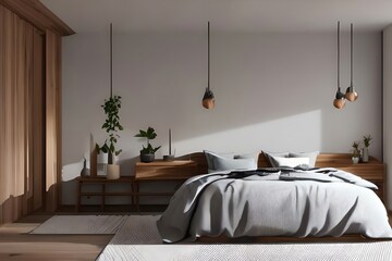 Cozy Scandinavian Style Bedroom With Natural Wood Furniture. Generative AI